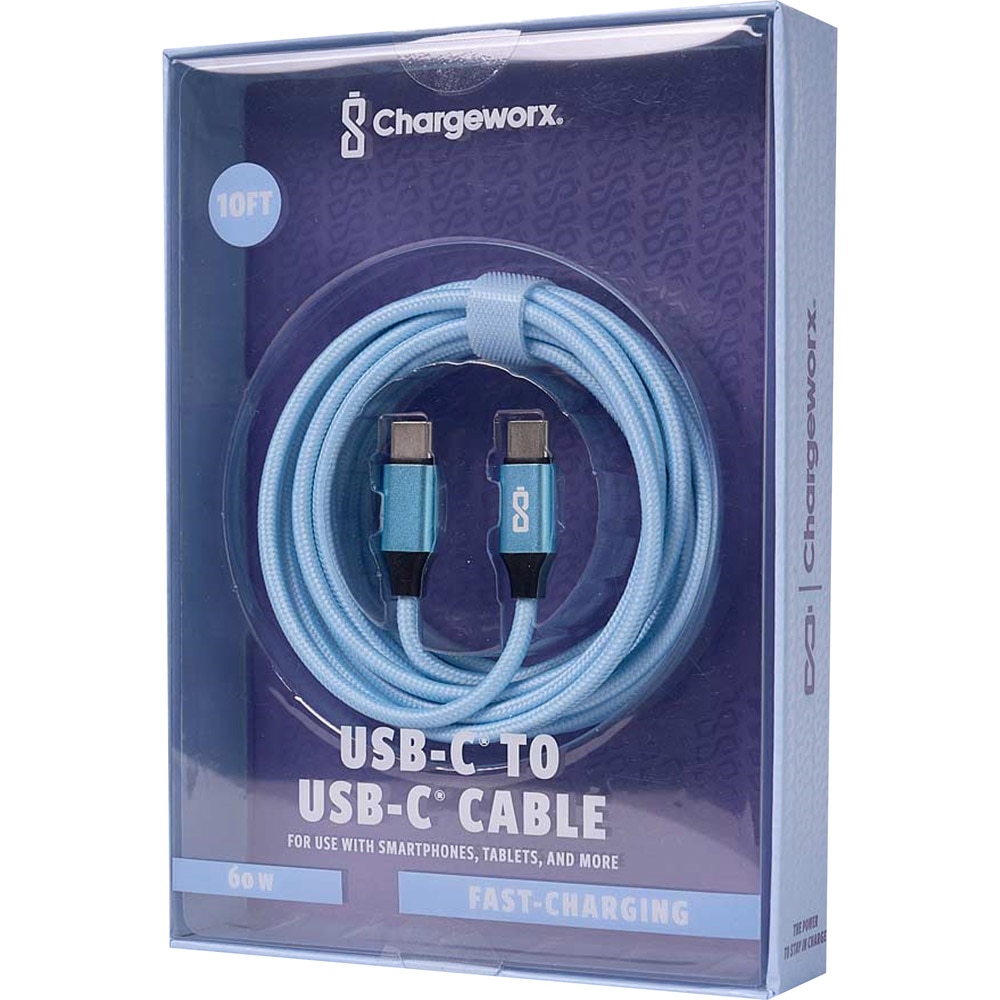 Power Cable, Tech, Chargeworx, Nylon, Tuff, 60 watt, 10', USB-C to USB-C, 988432, Chambray Blue